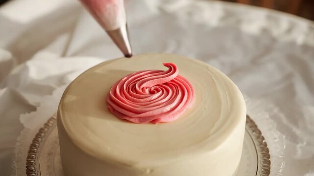 Squeezing piping bag, baker's hands decorating layered pink rosette on cake at table with metal tip