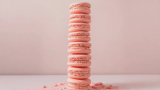 Camera zooming in to show texture, stack pink macarons staying upright on pink tabletop with crumbs