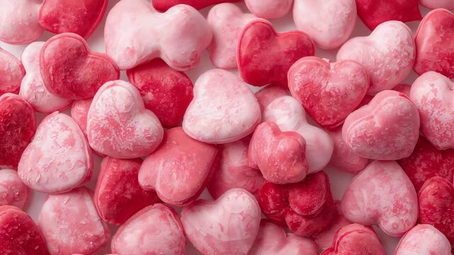 Panning camera revealing dense cluster of pink red heart candies on light tray, showing marbling