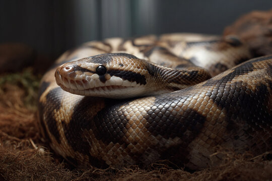 Majestic ball python coiled on a naturalistic background.