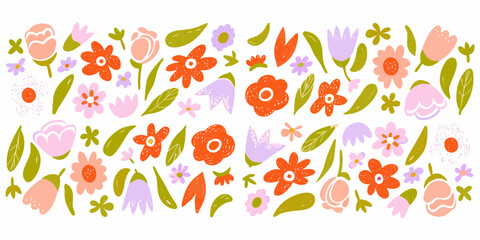 Fototapeta premium A colorful hand drawn pattern of various spring flowers and green leaves