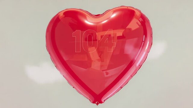 Floating red heart balloon responding to initial frame shift in pale beige room, showing raised 104