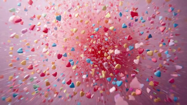 Erupting central core launching hundreds of pastel heart particles outward over soft pink backdrop