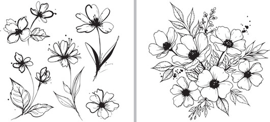 A monochrome set of botanical illustrations featuring delicate wildflower sketches and a lush floral bouquet with expressive black line art and soft stippled textures.