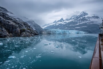 Climate Change in the Panoramic Glacier Bay View: Ice, Water, and Rugged Mountain Backdrop