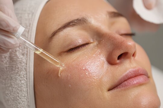 Clinical facial care scene showing precise retinol serum application during a chemical peel