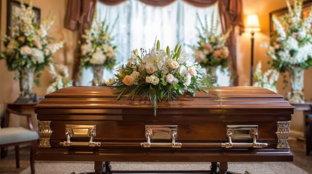 Closed ceremonial casket framed by white lilies and candles in a peaceful memorial setting