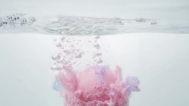 Being dropped, pink bath bomb releasing foam and bubbles in glass tank to color water