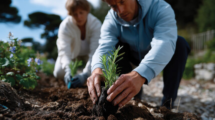 Fototapeta premium A couple kneels together, planting young seedlings into rich garden soil, symbolizing collaboration, growth, and nurturing in a bright outdoor setting.