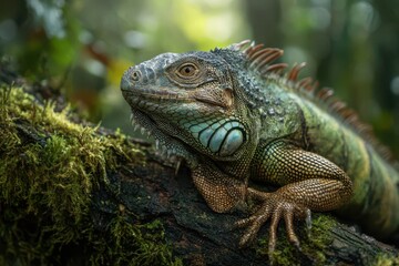 Fototapeta premium Close-up of a green iguana basking on a mossy branch in a sunlit tropical rainforest