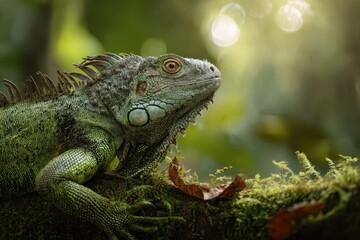 Fototapeta premium Close-up of a green iguana resting on a branch amid lush foliage