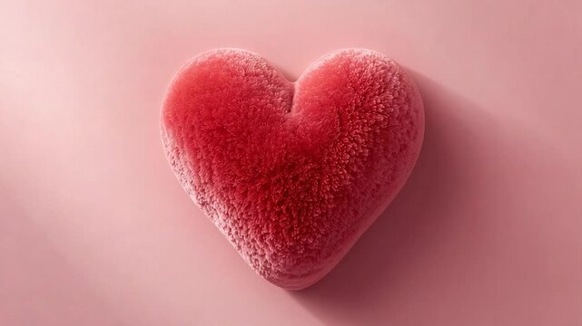 Sparkles appearing, plush red heart swelling on pale pink surface, beam brightening, shadow growing