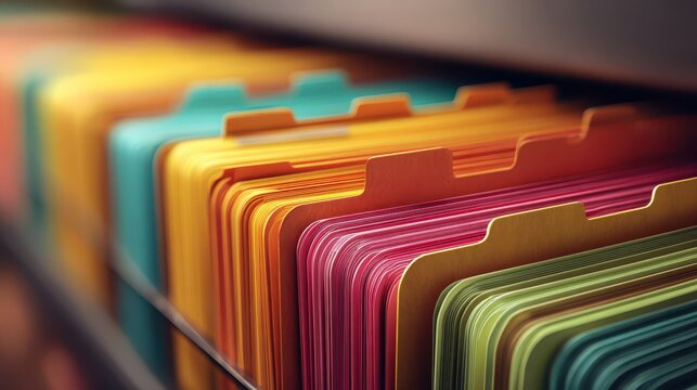 Close-up of a multicolor guidelines folder on an archival shelf with rainbow tabs