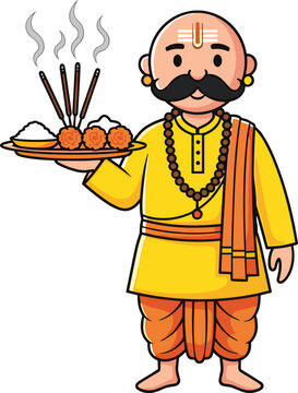 Cartoon illustration of a smiling Indian Hindu priest holding a worship thali with incense sticks and flowers for a religious ceremony.