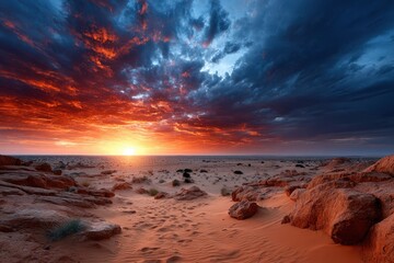 Obraz premium Fiery Red Sunset Over Desert Landscape with Rocks and Sand