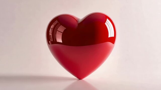 Playback starting glossy red heart sculpture rotating and tilting on studio table, showing softbox