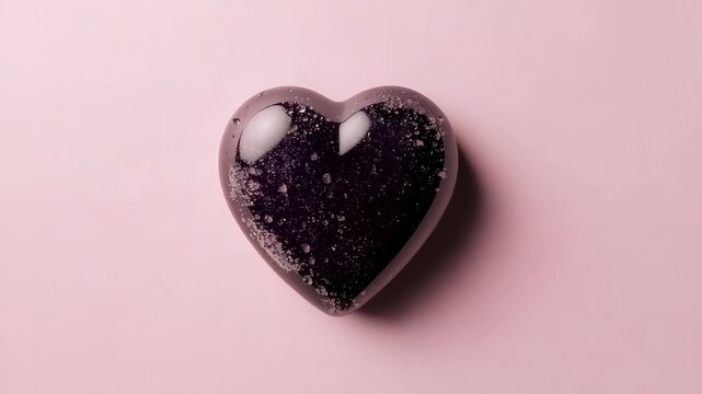 Light shift driving glossy heart changing color and centering on pale pink table, revealing bubbles