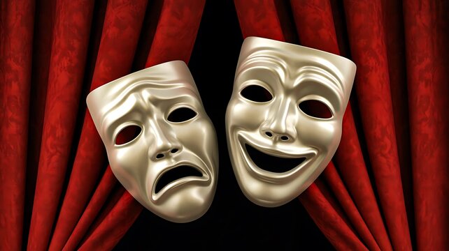 Classic theatre comedy and tragedy masks on red curtain
