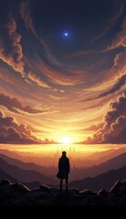 Fototapeta premium Solitary figure watches brilliant sunset over distant urban landscape from mountain overlook