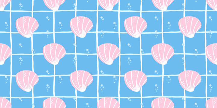 Cute ocean gingham seamless background with kawaii shells. Ideal for kids textiles, coastal decor, and playful summer packaging