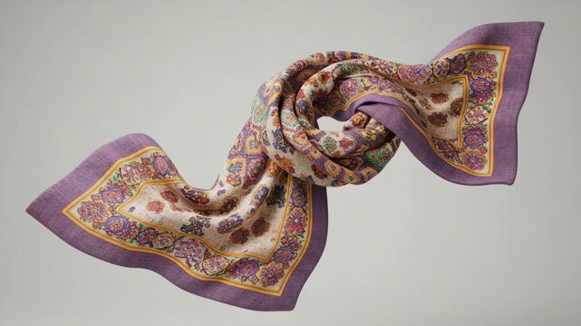 An elegant silk scarf with a floral design and a lavender border