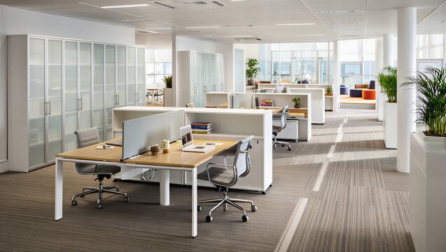 Bright Open Plan Office with White Workstations and Warm Striped Carpet