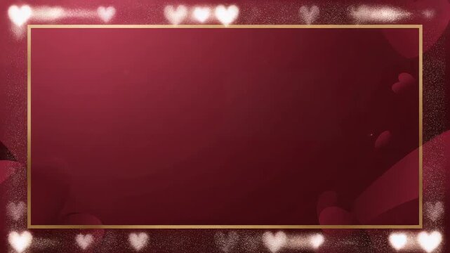 Appearing soft heart particles, forming border around thin gold frame on maroon backdrop for cards