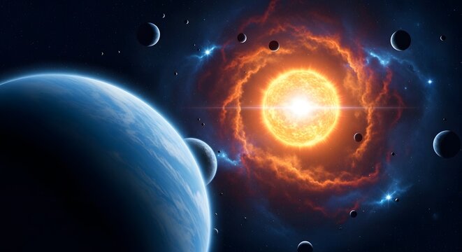 Vibrant star and planet system in deep space with celestial bodies
