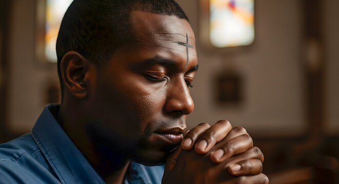 Brazilian man praying silently with ash cross on forehead inside church, emotional contemplative mood, cinematic lighting, on Wednesday Ashes
