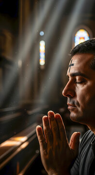 Brazilian man praying silently with ash cross on forehead inside church, emotional contemplative mood, cinematic lighting, on Wednesday Ashes