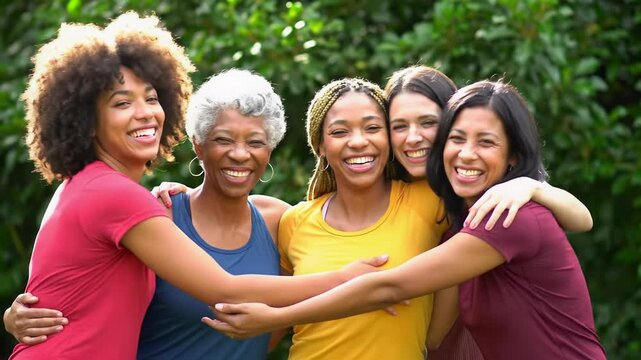 Five diverse, joyful women in athletic tops share a group hug under golden light against lush bokeh. Deep affection, strong female bonds concept