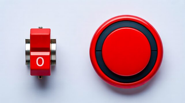 Red emergency stop button and power switch on white background
