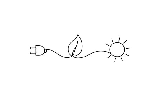 "Eco-friendly energy solutions". Minimalistic one-line drawing plug transforming into leaf and sun symbols,