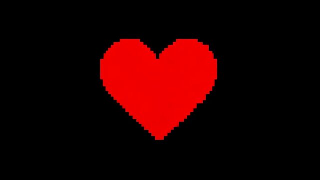 Sliding red puzzle heart halves on black field on play, ejecting tiny fragment forming whole heart
