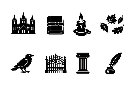 Dark academia autumn. Filled icon set of Dark academia autumn: gothic campus facade, leather book, candle,