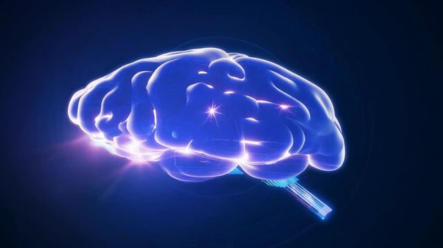 A dynamic 3D animation of a glowing blue brain against a dark background. Bright neural impulses flash and spread across the cortex and brain stem, visualizing intense cognitive activity or electrica