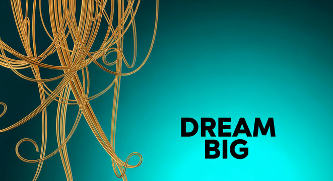 Abstract image with golden curves on a teal background, conveys ambition, growth, and achieving ambitious goals with a bold statement