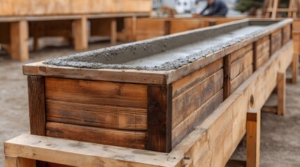 Long wooden formwork filled with fresh concrete at an outdoor construction site
