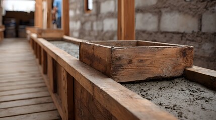 Wooden formwork holding freshly poured cement on an unfinished construction site with concrete block walls