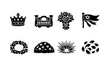 Naklejka premium Fantasy royal blossoms. Filled icon set of Fantasy royal blossoms: royal crown, castle balcony, rose bouquet,