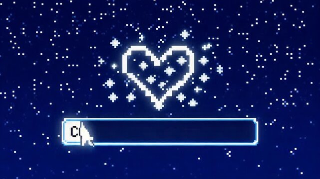 Entering center, pixel comet tracing heart in stars, clicking input typing CONSTELLATION: SOULMATES