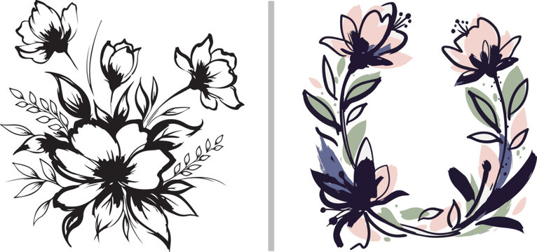 Charming floral set featuring a loose black ink sketch of a blooming rose bouquet and a circular watercolor wreath with soft pink blossoms and green leaves on a white background.