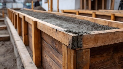Wooden formwork filled with wet concrete at a construction site