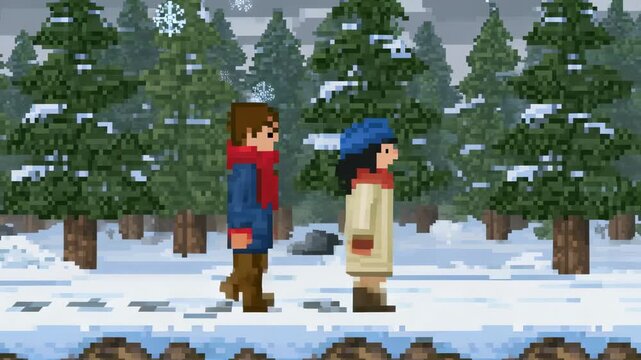 Walking pixel-art couple, frame opening, traveling right across snowy forest, showing red scarves