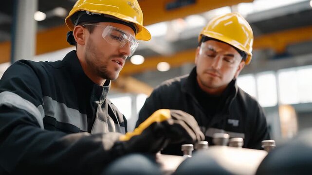 Industrial workers preparing export grade cylinders for overseas delivery, safety gear and procedures emphasizing responsibility, regulation, and energy logistics. cinematic color correction,
