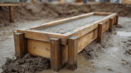 Freshly poured concrete contained within a wooden formwork at a muddy outdoor construction site