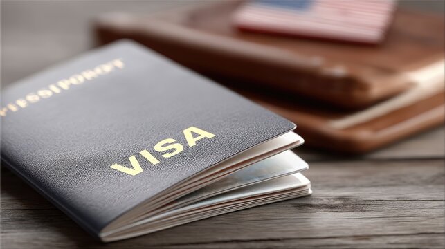 This close-up shows a passport with a visa on a background of an American flag, highlighting elements of travel and identification