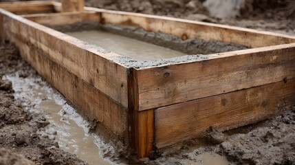 Wooden formwork holding freshly poured concrete on a wet construction site
