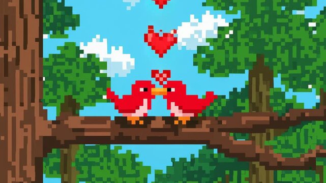 Sitting two red pixel birds touching beaks in forest on branch, hearts appearing showing affection
