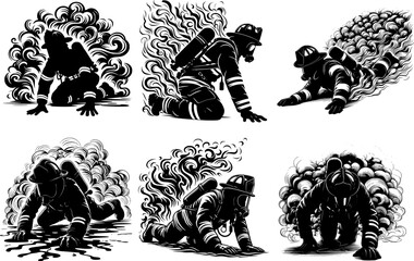 Clean bold vector silhouette of firefighter crawling under smoke, minimal flat shape, isolated on white.